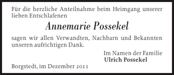 Traueranzeige von Annemarie Possekel von Landeszeitung