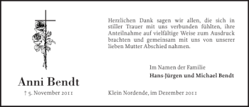 Traueranzeige von Anni Bendt von Elmshorner Nachrichten