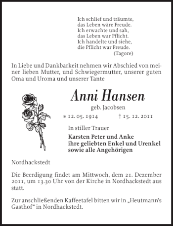 Traueranzeige von Anni Hansen von Flensburger Tageblatt