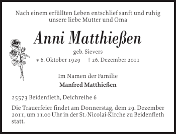 Traueranzeige von Anni Matthießen von Norddeutsche Rundschau