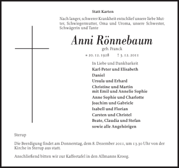 Traueranzeige von Anni Rönnebaum von Flensburger Tageblatt
