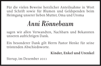 Traueranzeige von Anni Rönnebaum von Flensburger Tageblatt