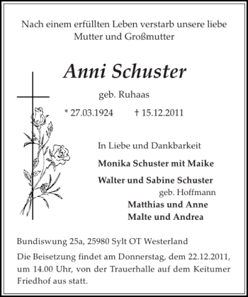 Traueranzeige von Anni Schuster von Sylter Rundschau