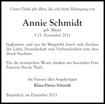 Traueranzeige von Annie Schmidt von Ostholsteiner Anzeiger