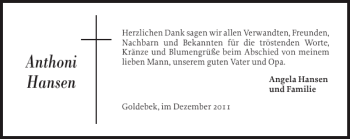 Traueranzeige von Anthoni Hansen von Flensburger Tageblatt