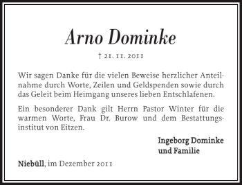Traueranzeige von Arno Dominke von Nordfriesland Tageblatt