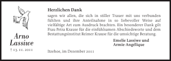 Traueranzeige von Arno Lassiwe von Norddeutsche Rundschau