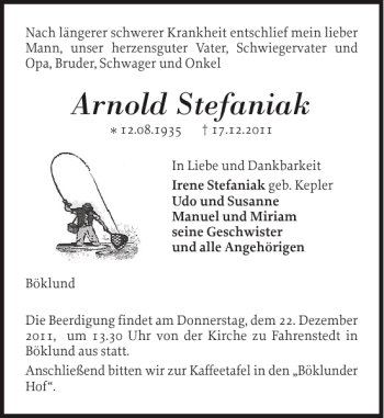 Traueranzeige von Arnold Stefaniak von Schleswiger Nachrichten