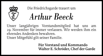 Traueranzeige von Arthur Beeck von Flensburger Tageblatt