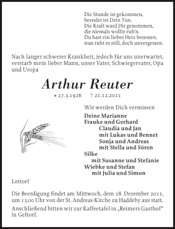 Traueranzeige von Arthur Reuter von Schleswiger Nachrichten