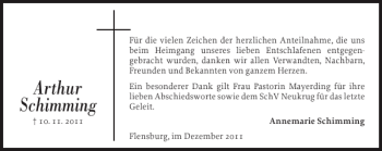 Traueranzeige von Arthur Schimming von Flensburger Tageblatt