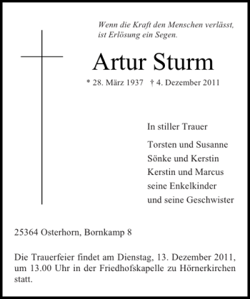Traueranzeige von Artur Sturm von Elmshorner Nachrichten