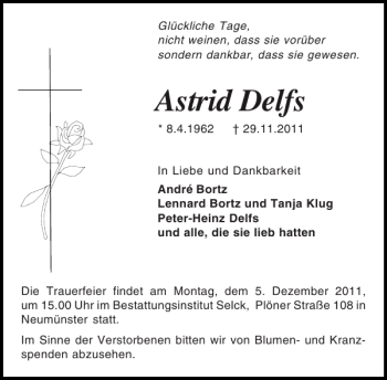 Traueranzeige von Astrid Delfs von Schleswiger Nachrichten