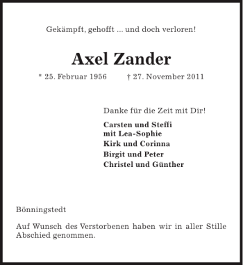 Traueranzeige von Axel Zander von Pinneberger Tageblatt