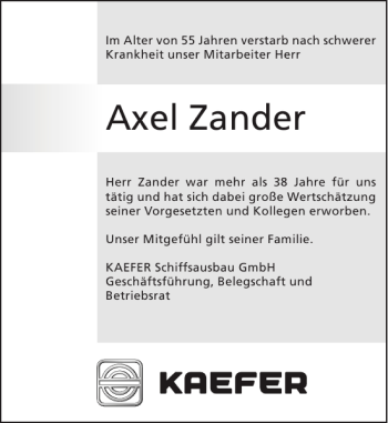 Traueranzeige von Axel Zander von Pinneberger Tageblatt