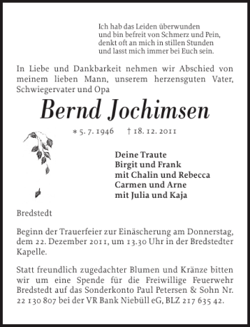 Traueranzeige von Bernd Jochimsen von Husumer Nachrichten