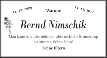 Traueranzeige von Bernd Nimschik von Norddeutsche Rundschau