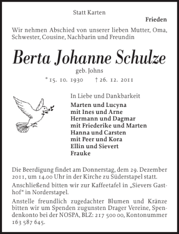 Traueranzeige von Berta Johanne Schulze von Husumer Nachrichten