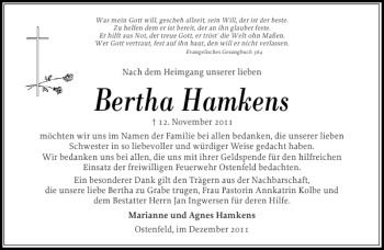 Traueranzeige von Bertha Hamkens von Husumer Nachrichten