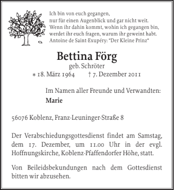 Traueranzeige von Bettina Förg von Ostholsteiner Anzeiger
