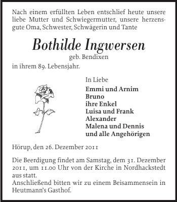 Traueranzeige von Bothilde Ingwersen von Flensburger Tageblatt