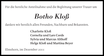 Traueranzeige von Botho Kloß von Elmshorner Nachrichten