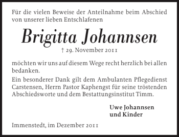 Traueranzeige von Brigitta Johannsen von Husumer Nachrichten