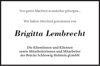 Traueranzeige von Brigitta Lembrecht von Holsteinischer Courier