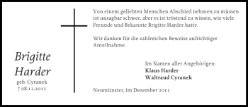 Traueranzeige von Brigitte Harder von Holsteinischer Courier