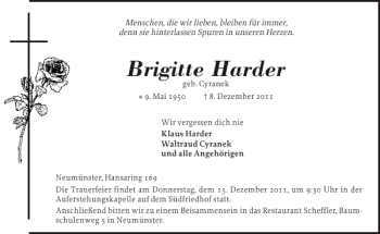 Traueranzeige von Brigitte Harder von Holsteinischer Courier