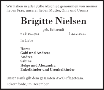 Traueranzeige von Brigitte Nielsen von Eckernförder Zeitung