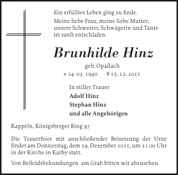 Traueranzeige von Brunhilde Hinz von Schlei-Bote