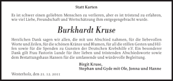 Traueranzeige von Burkhardt Kruse von Flensburger Tageblatt