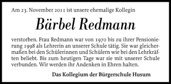 Traueranzeige von Bärbel Redmann von Husumer Nachrichten