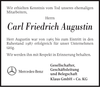Traueranzeige von Carl Friedrich Augustin von Flensburger Tageblatt