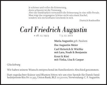 Traueranzeige von Carl Friedrich Augustin von Flensburger Tageblatt
