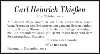 Traueranzeige von Carl Heinrich Thießen von Husumer Nachrichten
