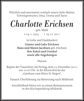 Traueranzeige von Charlotte Erichsen von Husumer Nachrichten