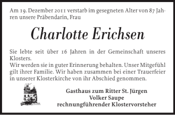 Traueranzeige von Charlotte Erichsen von Husumer Nachrichten