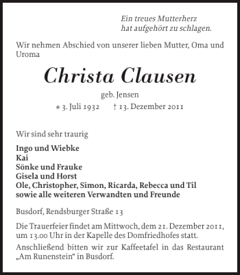 Traueranzeige von Christa Clausen von Schleswiger Nachrichten
