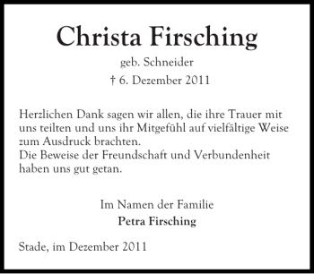 Traueranzeige von Christa Firsching von Ostholsteiner Anzeiger