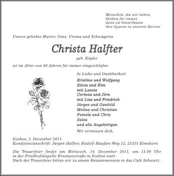 Traueranzeige von Christa Halfter von Norddeutsche Rundschau