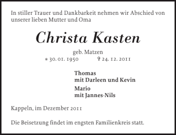 Traueranzeige von Christa Kasten von Schlei-Bote
