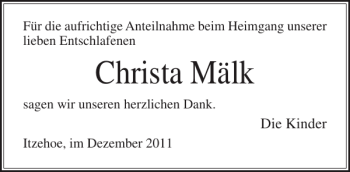 Traueranzeige von Christa Mälk von Norddeutsche Rundschau
