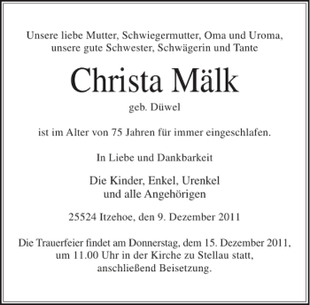 Traueranzeige von Christa Mälk von Norddeutsche Rundschau