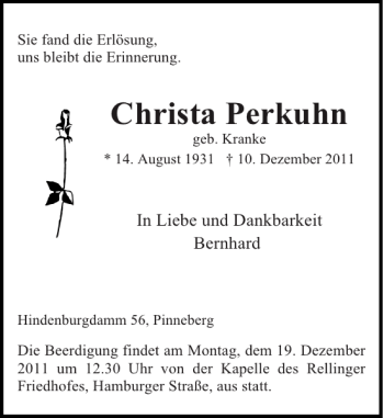Traueranzeige von Christa Perkuhn von Pinneberger Tageblatt