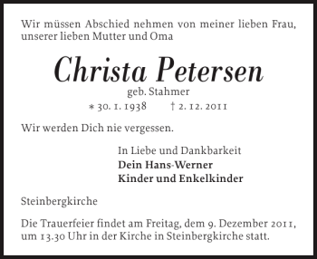 Traueranzeige von Christa Petersen von Flensburger Tageblatt