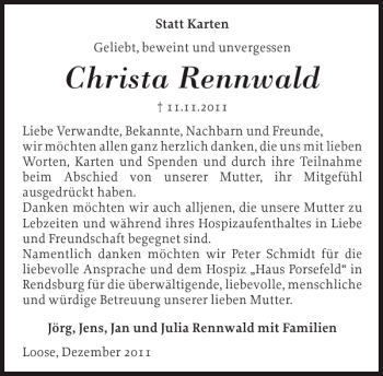 Traueranzeige von Christa Rennwald von Eckernförder Zeitung