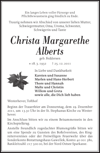 Traueranzeige von Christa Margarethe Alberts von Husumer Nachrichten
