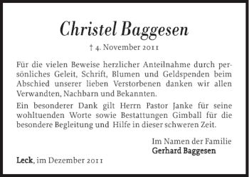Traueranzeige von Christel Baggesen von Nordfriesland Tageblatt